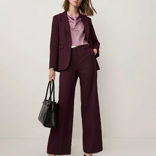 Elegant Women Burgundy Suit Single Button Jacket Wide Leg Pants Set Office Lady Power 2 Pieces Business Formal Outfit