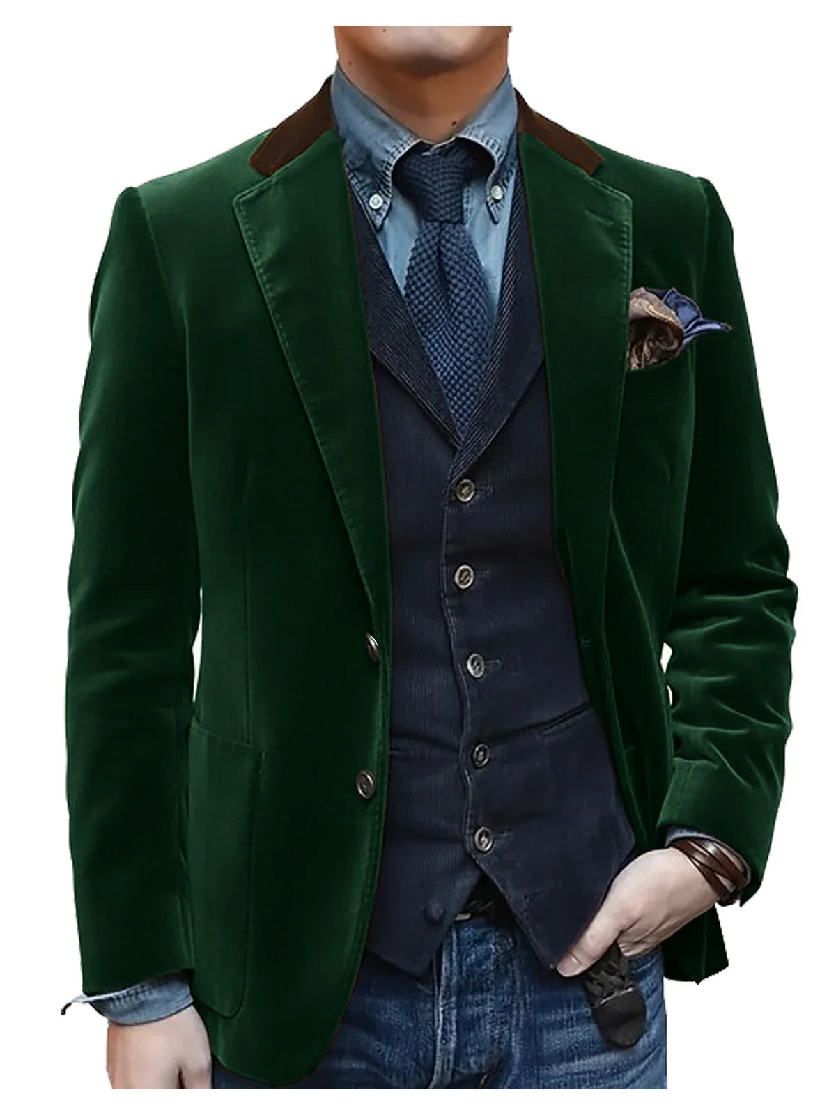 Men Velvet Blazer Contrast Brown Lapel Single Breasted Flap Pockets Smart Casual Business Streetwear Formal Outerwear