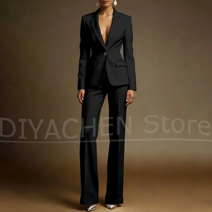 Women's White Suit Set Slim Fit Two Piece Jacket and Wide Leg Pants Office Casual Formal Occasions Elegant Female Outfit