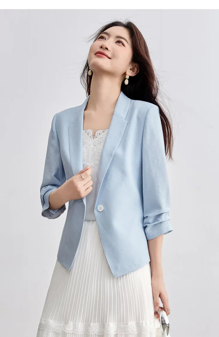 Blazer For Women's Commuter Flat Collar, One Button-down Shoulder Pads, Seven-quarter Sleeves Short Jacket 152XC1936