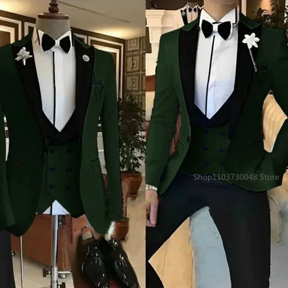 Royal blue Classic Solid Lapel 3-Pieces Men's Suit Slim Fit Elegant Blazer Vest Pant Set For Wedding And Business