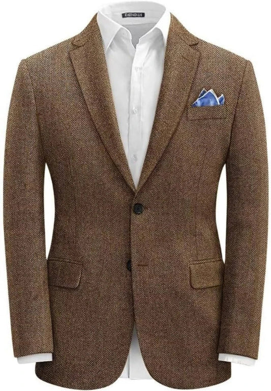 (Only Coat) Men's Suit Brown Herringbone Blazer Prom Tuxedos Wool Tweed Notch Lapel Two Buttons Bussiness/Wedding Jacket Tops
