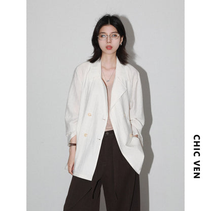 New Women Mid-length Trench Coats Loose Casual Oversized Double Breasted Office Ladies Blazer Jacket Spring Autumn