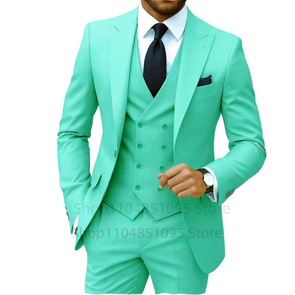 Solid Color Fashion Men Formal Business Suits Wedding Suit Slim Fit Groom Tuxedos 3 Pcs Set Dress Peak Lapel Blazer Vest Pants