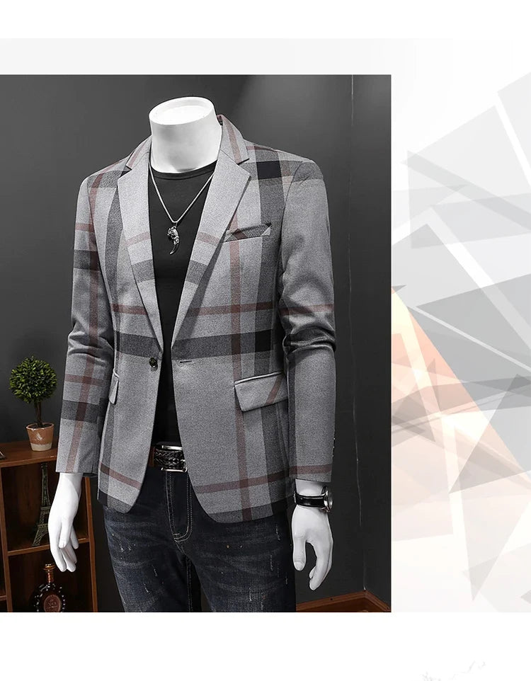 Top Quality Luxury Plaid Business Slim Fit Men Blazer Jacket 2024 Spring Autumn Casual Blazers For Men Elegant Dress Suit Jacket