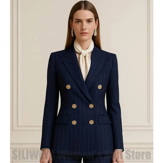 Navy Blue Striped Women Suits Double Breasted Peak Lapel Blazer and Pants 2 Piece Elegant Formal Casual Office Work Outfit