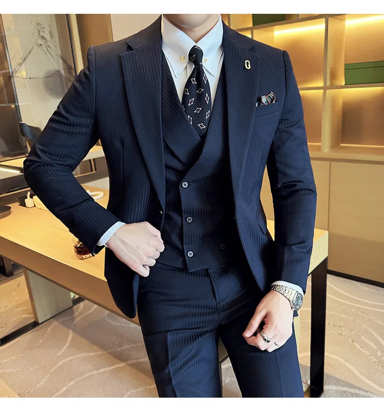 (Jackets+Pants+Vest) Luxury Stripe Men Suit Korean Version Fashion Elegant Slim Fit Tuxedo Formal Groom Wedding Social Suits