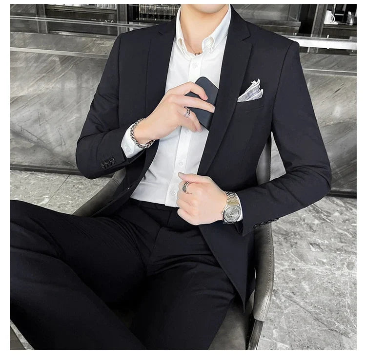 Men's Slim Fit Solid Color Two-Piece Suit Set for Wedding & Formal Occasions