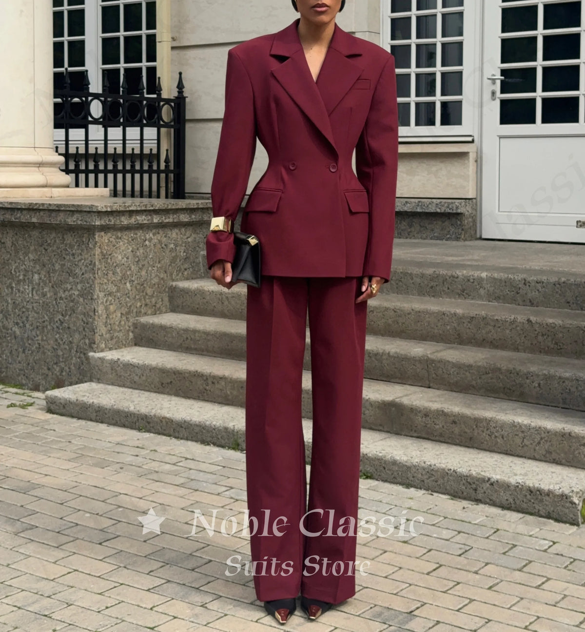 Women 2 Piece Suit Set Double Breasted Waist‑Fitted Blazer Wide Leg Pants Formal Office Business Lady Wedding Party Customized