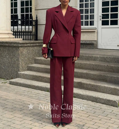 Women 2 Piece Suit Set Double Breasted Waist‑Fitted Blazer Wide Leg Pants Formal Office Business Lady Wedding Party Customized