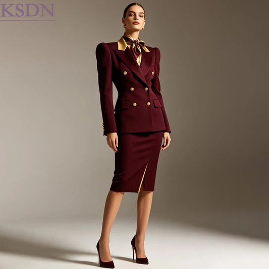 Elegant Burgundy Women's Dress Suits Customized Double Breasted Peak Lapel Slim Fit 2 Piece Jacket Skirs Formal Office Clothing