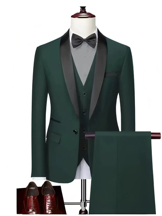 Men'S Green Leaf Collar Three-piece Formal Suit | Contrasting Color Design, Tailored Fit, Includes Vest, Shirt, Pants, Suitable