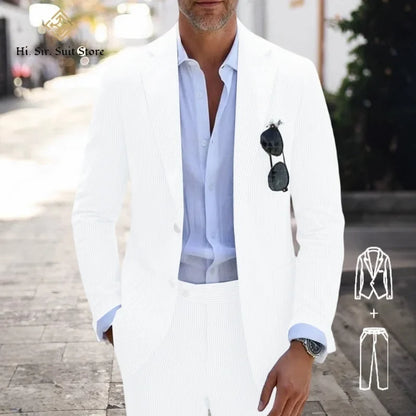 Men's Slim Fit Seersucker 2-Piece Suit Set – Blue Striped Smart Casual & Wedding