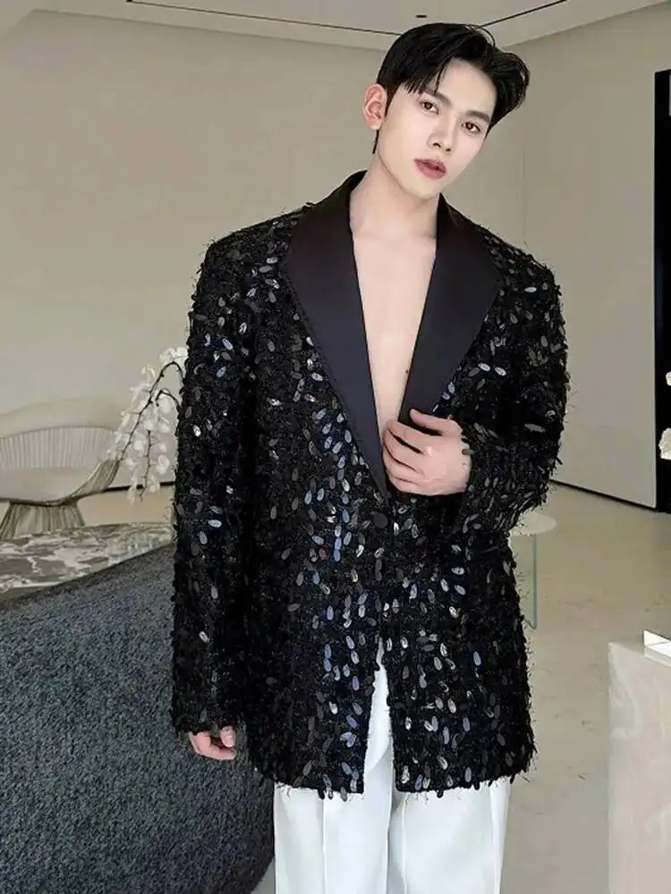 Design Patchwork Burr Original Casual Shoulder Pad Sequin Blazer Coat Men's 2025 Autumn Fashion Temperament Jacket JY7384