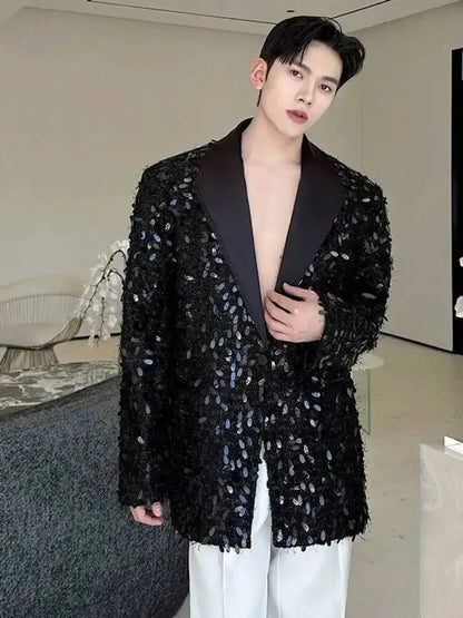 Design Patchwork Burr Original Casual Shoulder Pad Sequin Blazer Coat Men's 2025 Autumn Fashion Temperament Jacket JY7384
