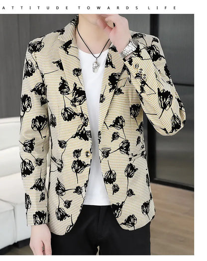 Blazer: Outdoor Fashion Business Gentleman Print Wedding Host Campus Slim-fit Casual Korean-style Youthful Versatile Men Blazer