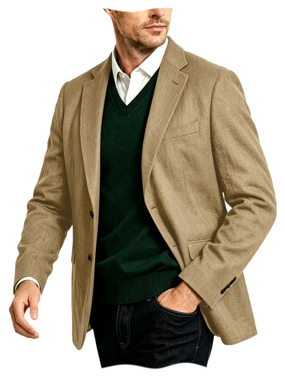 Men's Linen Blazer Notch Lapel Two-Button Sport Coat for Wedding and Daily Wear