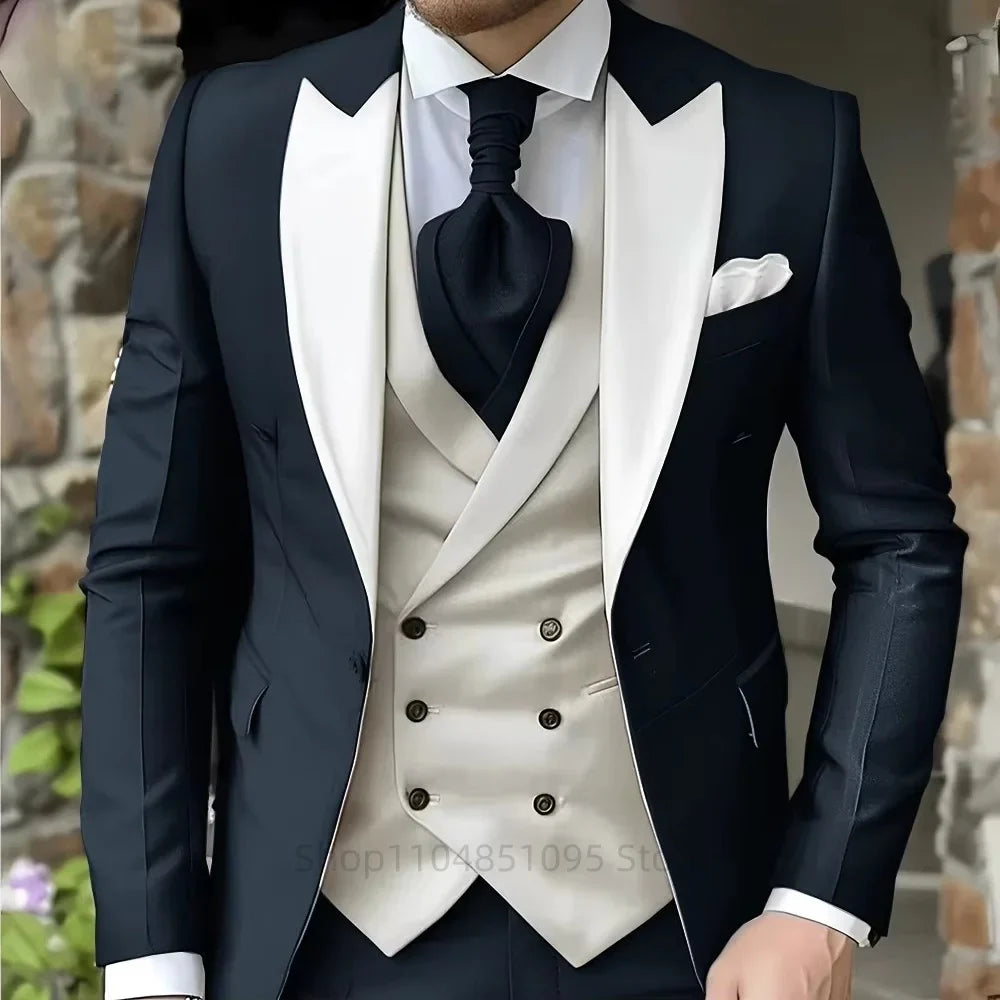 Costumes roses pour hommes Élégant smoking de marié à revers pointu Veste 3 pièces Gilet et pantalon Ensemble de costume formel pour hommes pour affaires et bal de promo