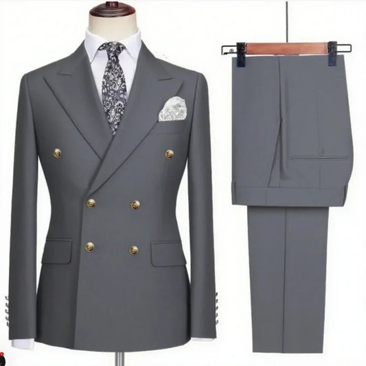 Khaki Double Breasted Slim Fit Men's 2 Piece Suit Peak Lapel Smart Casual Formal Tuxedo Business Wedding Groom Full Jacket
