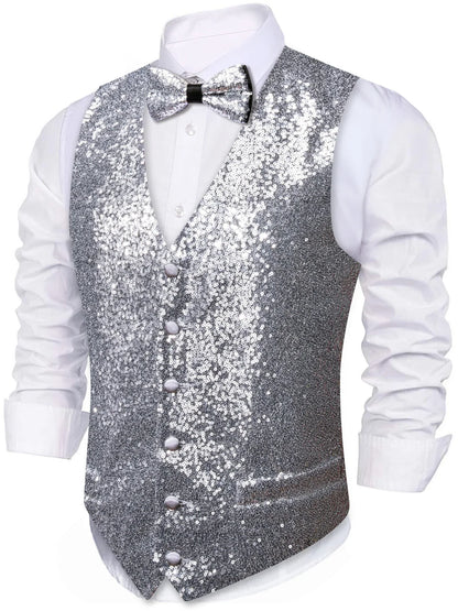 Men's Vest and Bow Tie Set – Silver-Gray Sequin – Party, Stage & Nightclub Wear