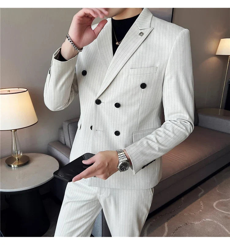 (Jacket + Vest + Pants)Three Piece Set Men Blazers Set stripe Suits Busines Casual Slim Fit Formal Dress Groom Tuxedo Wedding