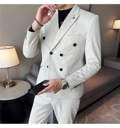 (Jacket + Vest + Pants)Three Piece Set Men Blazers Set stripe Suits Busines Casual Slim Fit Formal Dress Groom Tuxedo Wedding