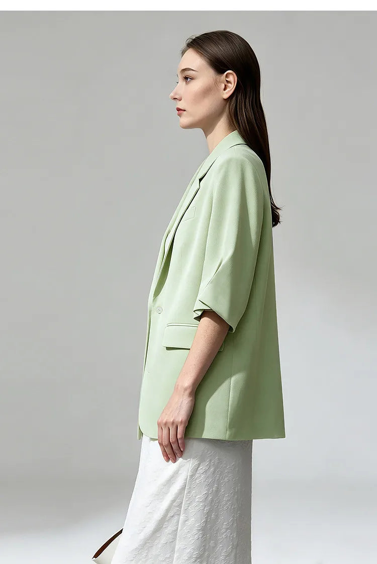 Women's Blazer 2026 Summer New Notch Lapel Linen Blend Pleated Half Sleeve Jacket Casual Office Midi Length Coat 12642184