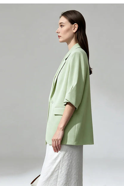 Women's Blazer 2026 Summer New Notch Lapel Linen Blend Pleated Half Sleeve Jacket Casual Office Midi Length Coat 12642184