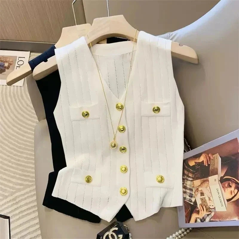 Fashion Women Knitted Vests Jacket Single Metal Button Design Sleeveless Tops 2025 New Spring Summer Casual Thin Sweater Female