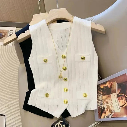 Fashion Women Knitted Vests Jacket Single Metal Button Design Sleeveless Tops 2025 New Spring Summer Casual Thin Sweater Female