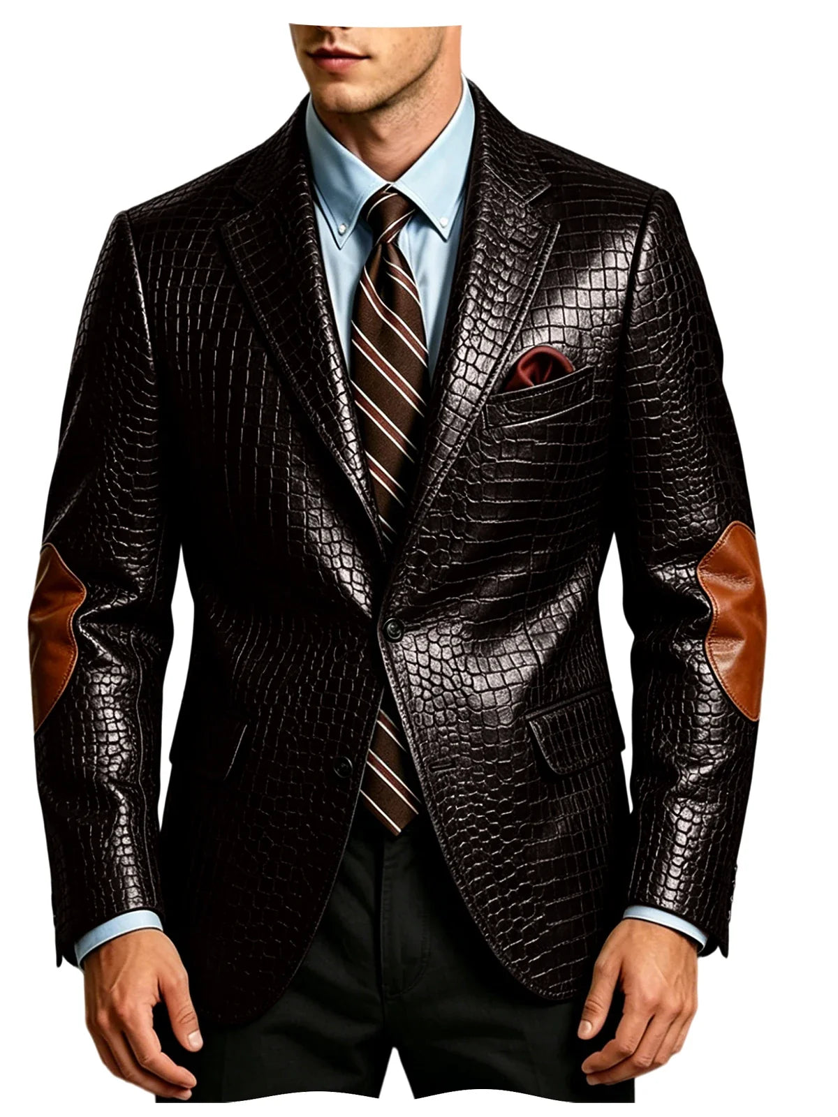 Men's Faux Leather Blazer  Crocodile Pattern Printed Sports Coat Jacket with Elbow Patch  For Party Prom Banquet Wedding Office