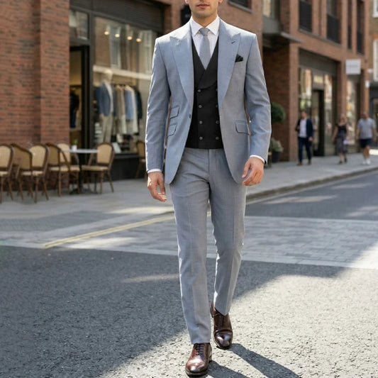 Men Suit Gray 3 Pieces With Lapel Black Vest For Wedding Groom Birthday Banquet Party Business Work Office Jacket Vest Pants