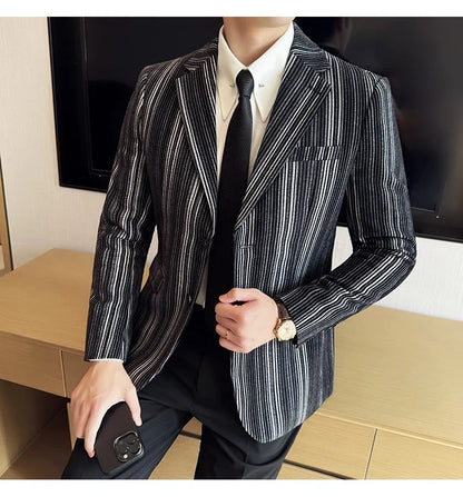 High Quality Plush Striped Fashion casual Suit Jacket Autumn Winter New Men Slim Fit Business Formal Social Prom Party Tuxedos