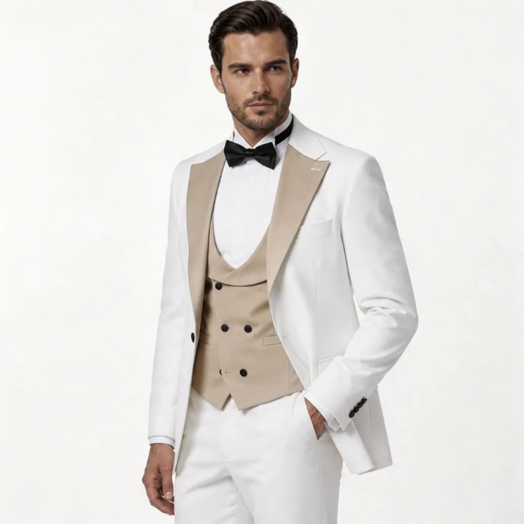 Men Suit White 3 Piece With Champagne Lapel For Wedding Groom Birthday Banquet Party Ball Business Office Work Jacket Vest Pants