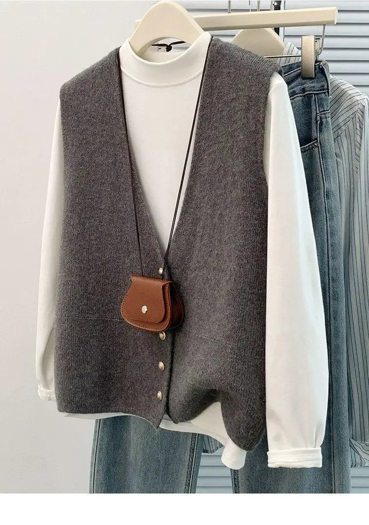 Women's Soft Knitted Vest  Women Casual Button Deep V-Neck Sleeveless Autumn  Pullover Simple Tank Tops Loose Knitwear  Tops