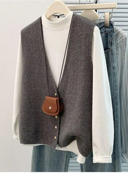 Women's Soft Knitted Vest  Women Casual Button Deep V-Neck Sleeveless Autumn  Pullover Simple Tank Tops Loose Knitwear  Tops