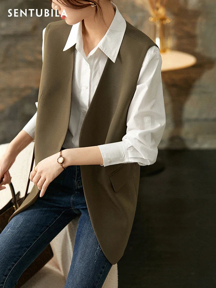 Elegant Waistcoat for Women 2024 Spring Office Wear Fashion Jacket Vest Sleeveless Straight V-neck Blazer 161JA6877X