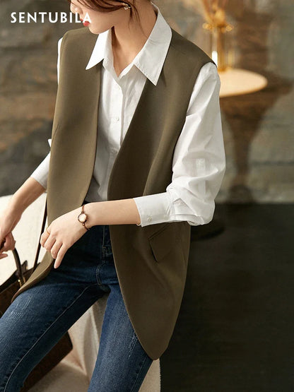 Elegant Waistcoat for Women 2024 Spring Office Wear Fashion Jacket Vest Sleeveless Straight V-neck Blazer 161JA6877X