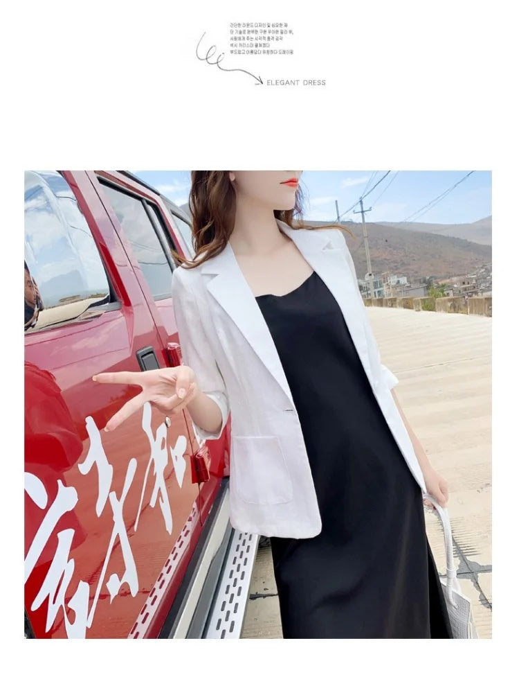Summer New Sle Women's Linen Suit Jaet Thin Seven-Quarter Sve Drapey Fit Formal Wear Casual Commute Pure Color