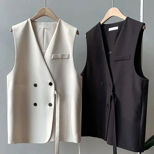 2026 Spring Autumn Vest Women Fashion Tops Waistcoat Vintage Sleeveless Jacket Lady Casual Suit Vest Lace Up Female Waistcoat