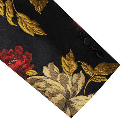 Men's Black Gold Red Floral Jacquard Shawl Lapel Blazer Single Breasted Tuxedo Jacket Suit Coat for Wedding Prom Party Outerwear