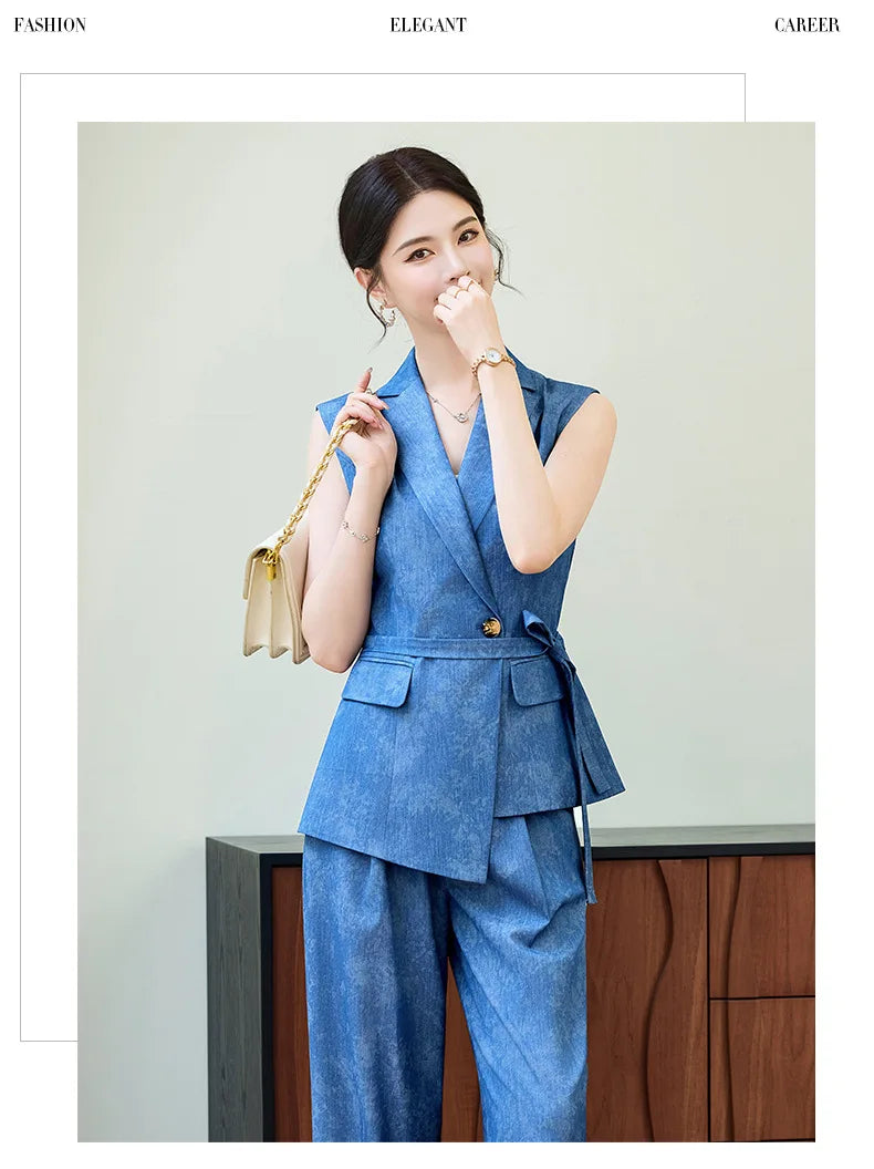 Comfortable 2026 Spring Suit Women's 2 Piece Suit Set Sleeveless Blazer Vest Wide Leg Pants Outfit Casual Office Workwear Dressy