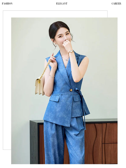 Comfortable 2026 Spring Suit Women's 2 Piece Suit Set Sleeveless Blazer Vest Wide Leg Pants Outfit Casual Office Workwear Dressy