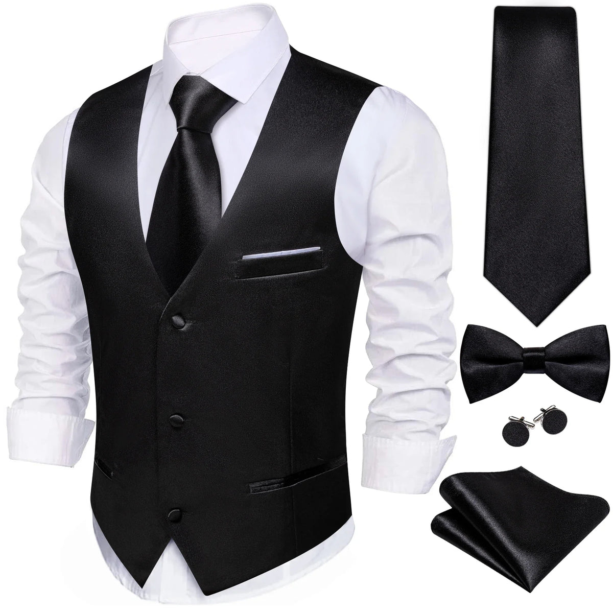 Men's Suit Vest 5-Piece Set – Solid Color V-Neck Waistcoat with Tie, Bow Tie, Pocket Square & Cufflinks for Wedding & Business
