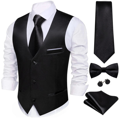 Men's Suit Vest 5-Piece Set – Solid Color V-Neck Waistcoat with Tie, Bow Tie, Pocket Square & Cufflinks for Wedding & Business