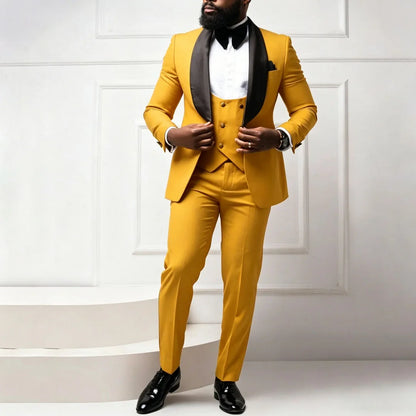 Men Suit Coffee 3 Pieces With Bright Black Lapel For Wedding Birthday Party Banquet Business Work Set Jacket Verst With Pants
