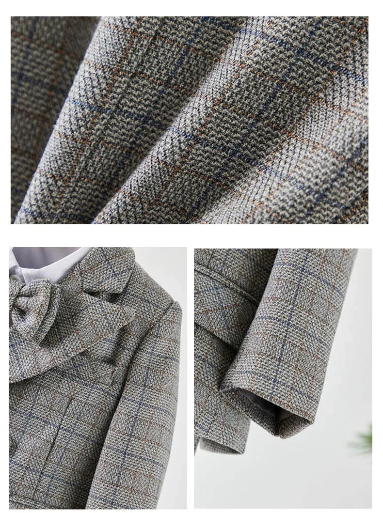 Kids Boys Gentleman Plaid Suit Outfit Jacket Pants Suspenders Bow Tie Formal Wedding Party Photograph Costume for Baby Boy Cloth