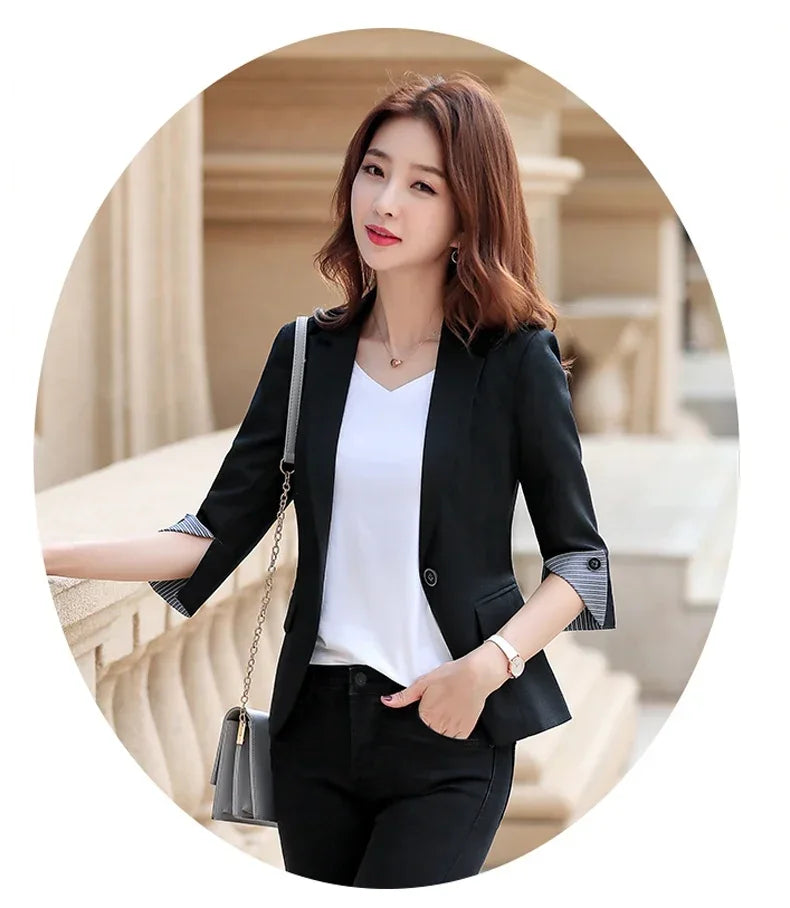 New Autumn Office Lady Solid Color Three Quarter Sleeve Blazer Women Casual One Button Formal Slim Fit Dress Suit Jacket Women