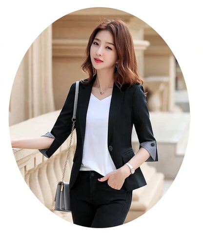 New Autumn Office Lady Solid Color Three Quarter Sleeve Blazer Women Casual One Button Formal Slim Fit Dress Suit Jacket Women