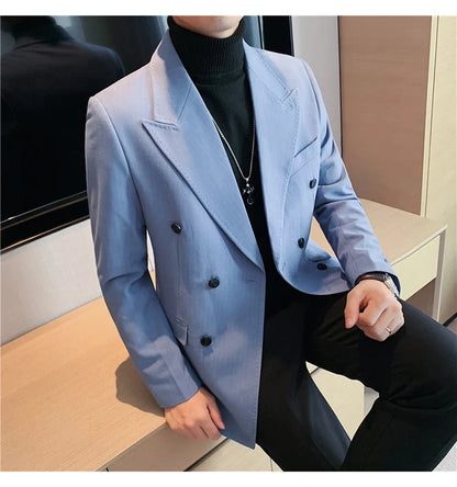 High Quality Double Breasted Suit Jacket Men Striped Casual Business Blazer Slim Fit Wedding Groom Office Social Dress Coat